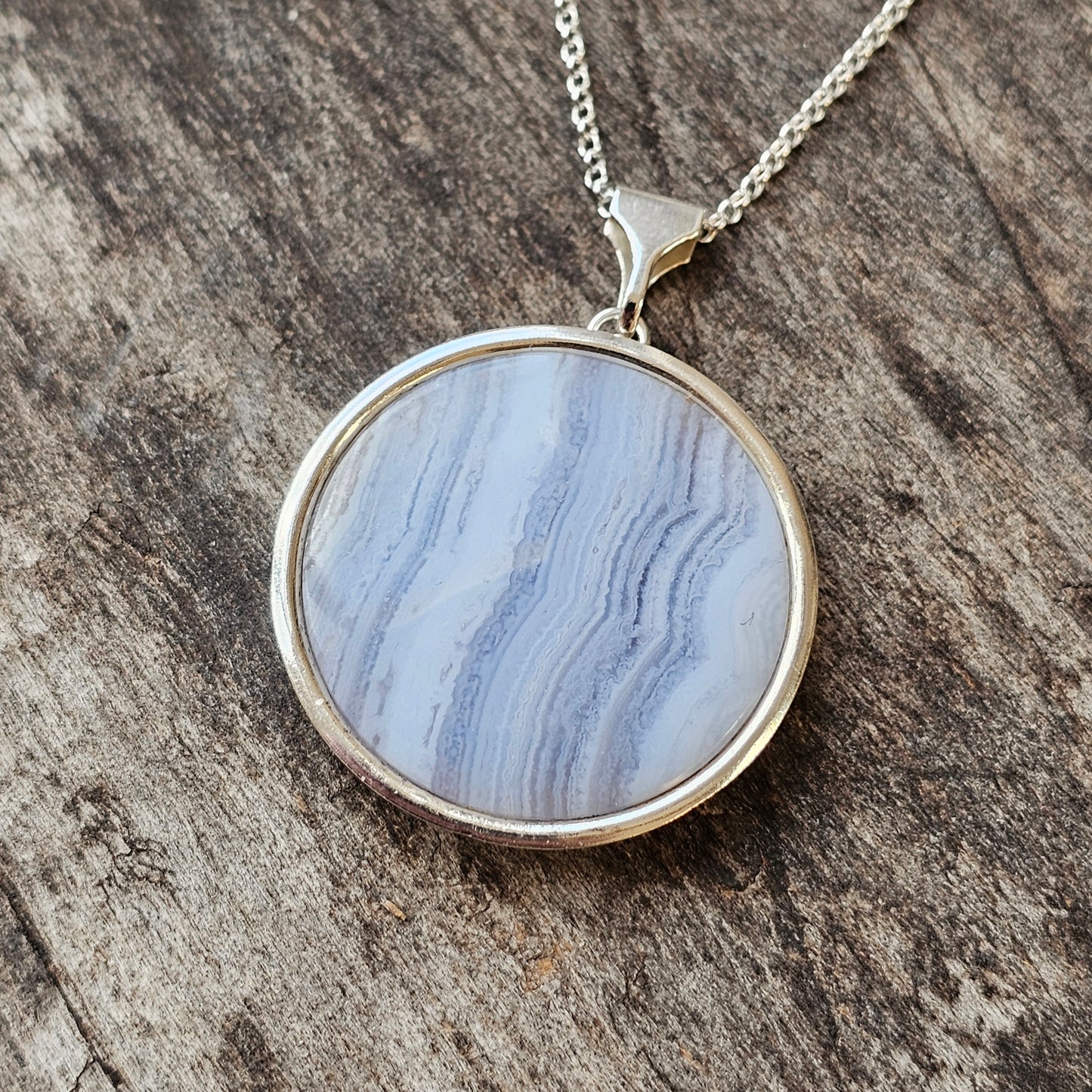 Vintage Finnish Silver & Blue Lace Agate Necklace Pendant
