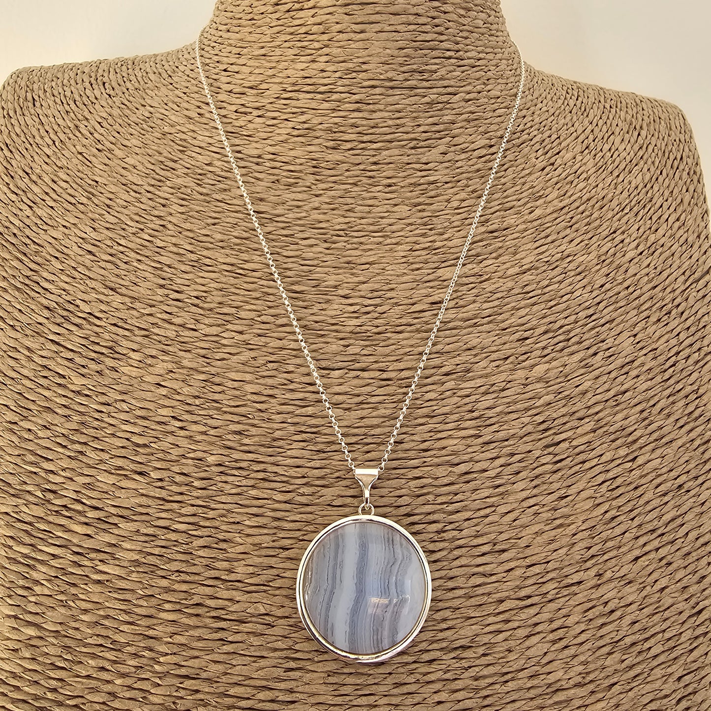 Vintage Finnish Silver & Blue Lace Agate Necklace Pendant