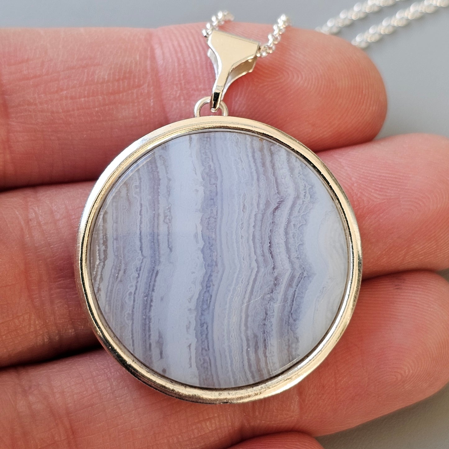 Vintage Finnish Silver & Blue Lace Agate Necklace Pendant