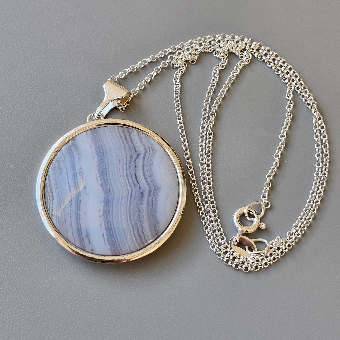 Vintage Finnish Silver & Blue Lace Agate Necklace Pendant