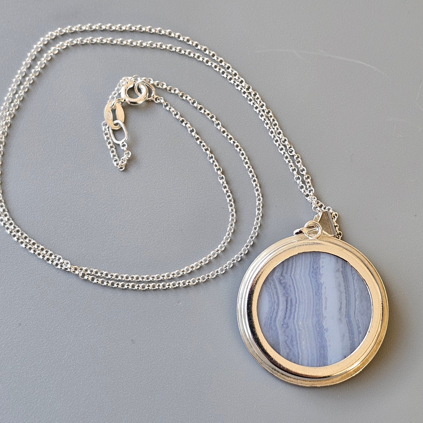 Vintage Finnish Silver & Blue Lace Agate Necklace Pendant