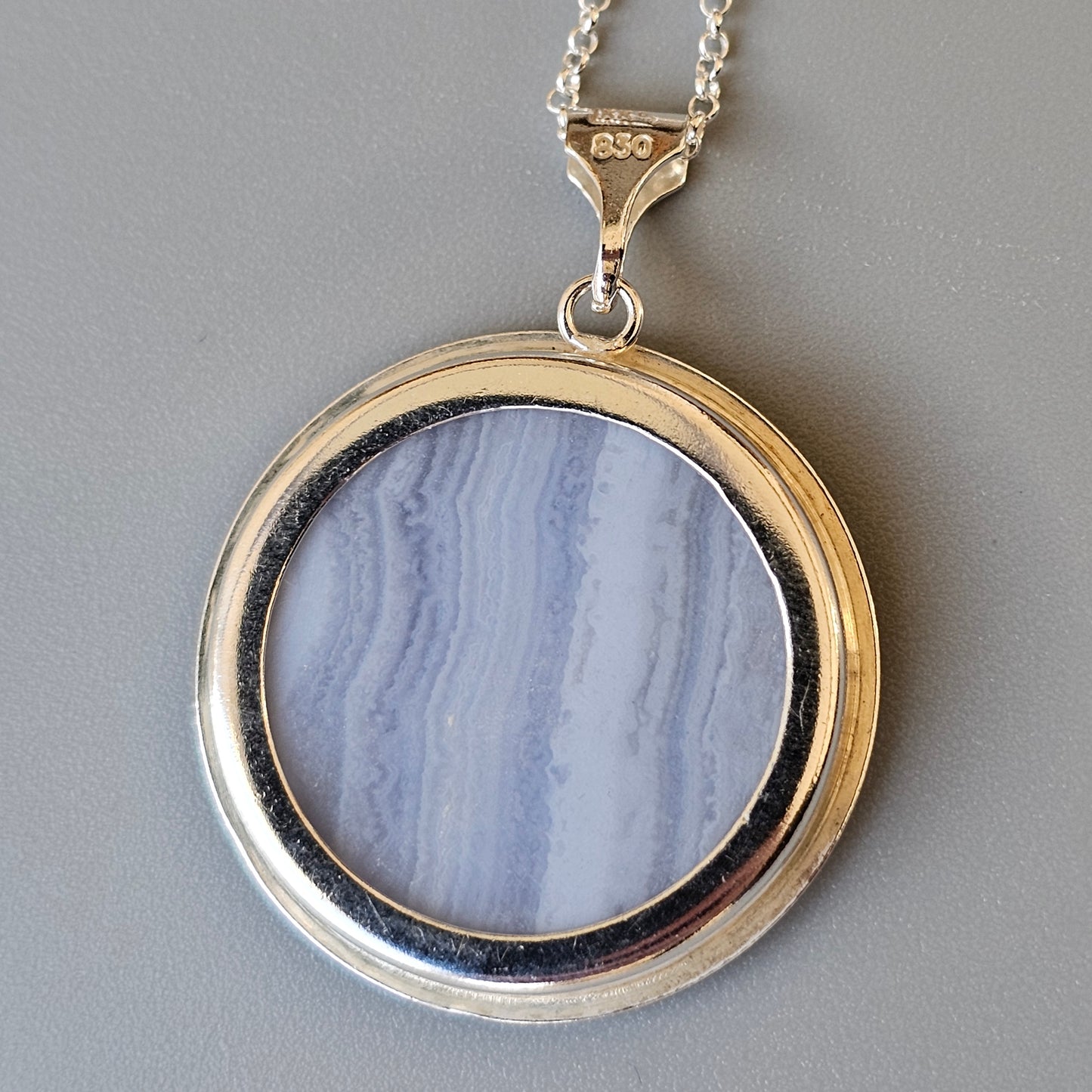 Vintage Finnish Silver & Blue Lace Agate Necklace Pendant