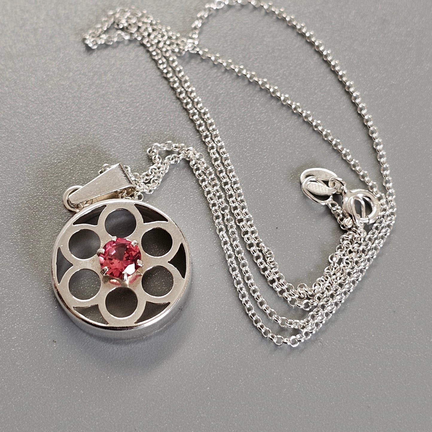 Finnish Modernist Silver & Lab-Created Orange Sapphire Necklace Pendant by Kultaseppa Salovaara