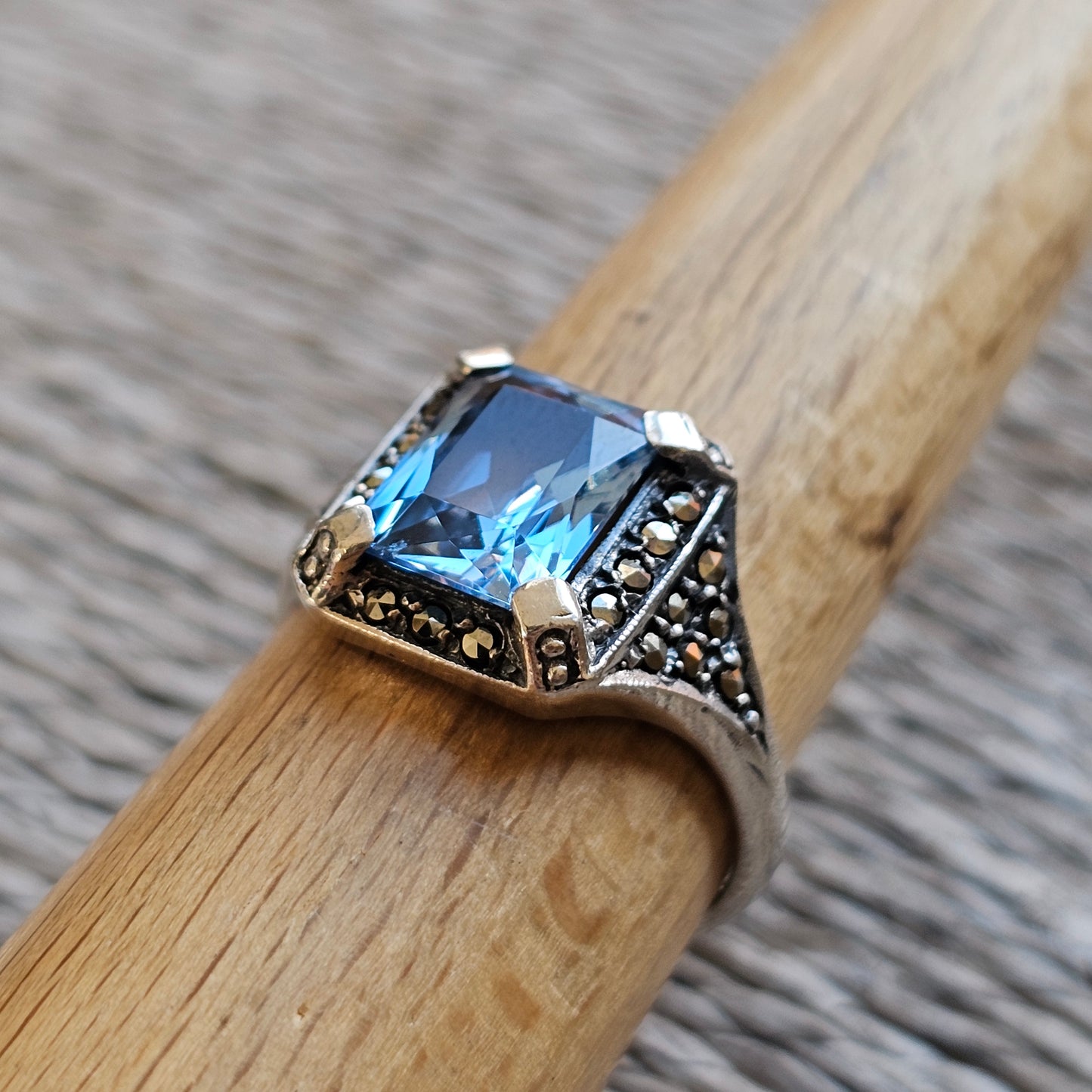 Vintage Art Deco Silver, Blue Spinel & Marcasite Cocktail Ring