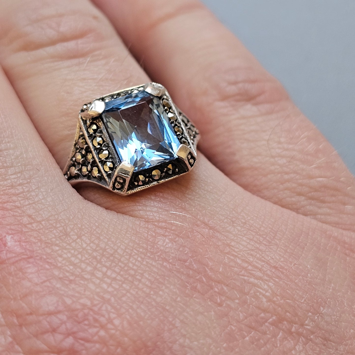 Vintage Art Deco Silver, Blue Spinel & Marcasite Cocktail Ring