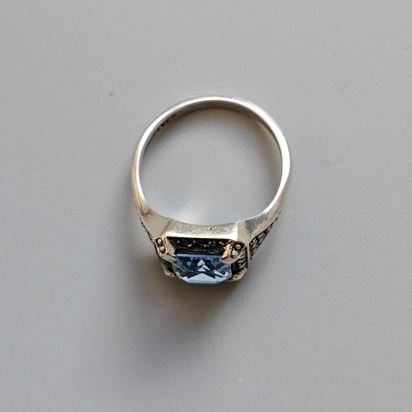 Vintage Art Deco Silver, Blue Spinel & Marcasite Cocktail Ring