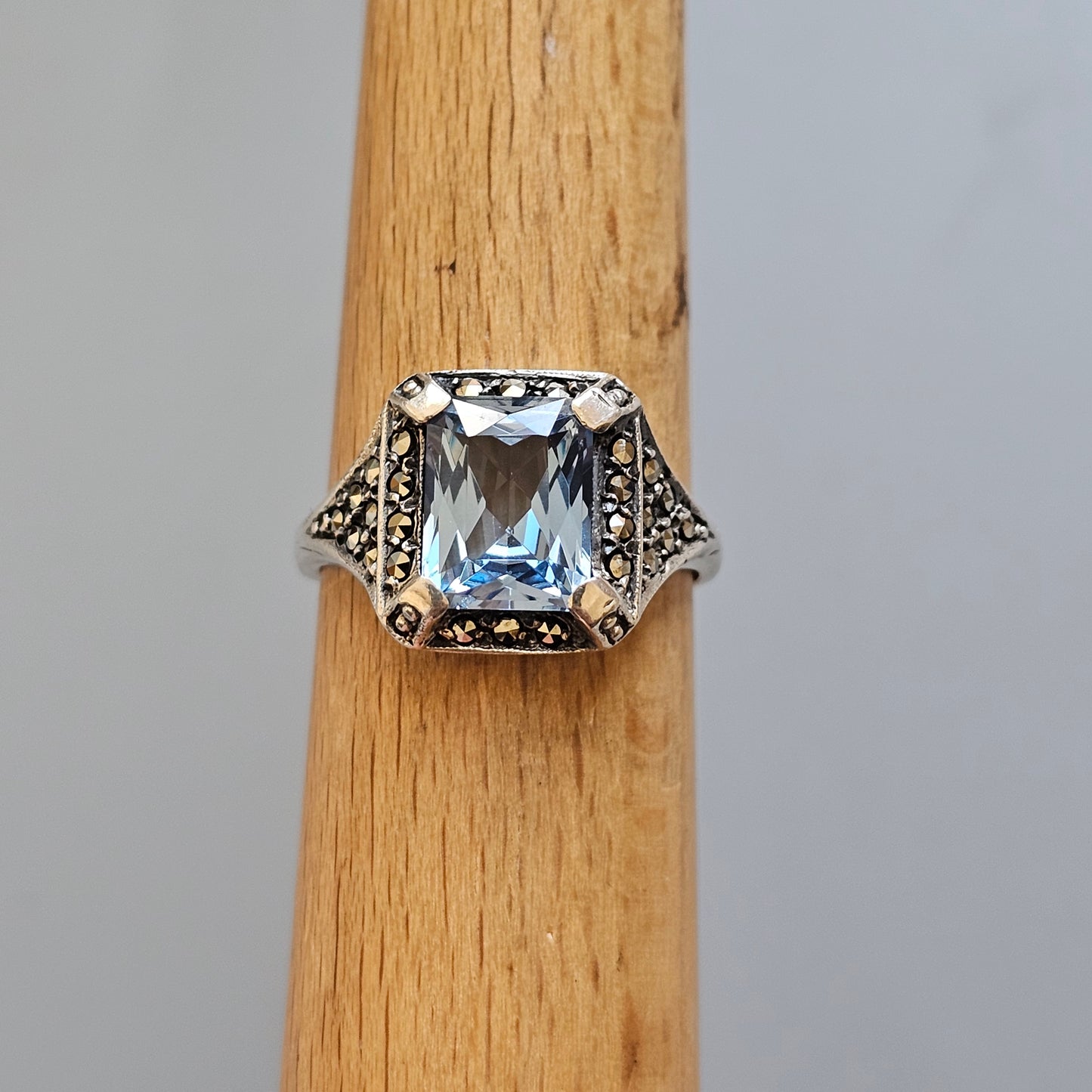 Vintage Art Deco Silver, Blue Spinel & Marcasite Cocktail Ring