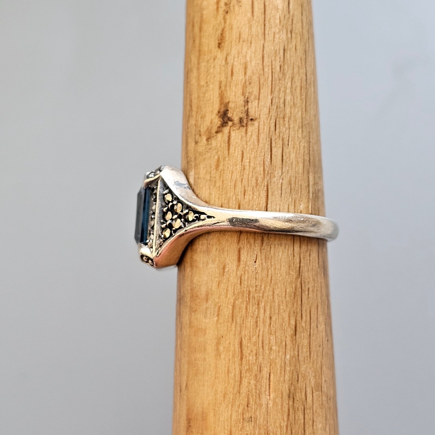 Vintage Art Deco Silver, Blue Spinel & Marcasite Cocktail Ring