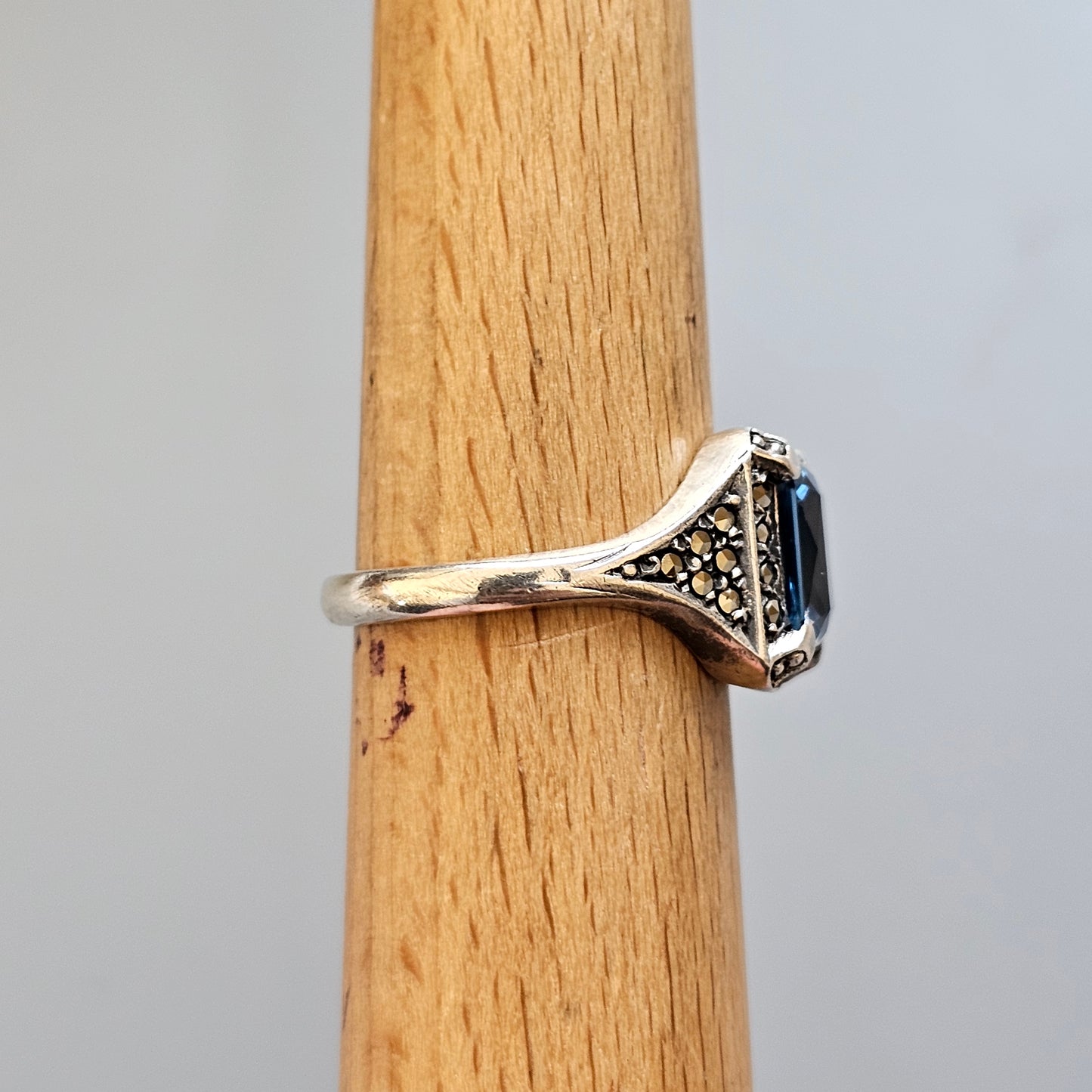 Vintage Art Deco Silver, Blue Spinel & Marcasite Cocktail Ring
