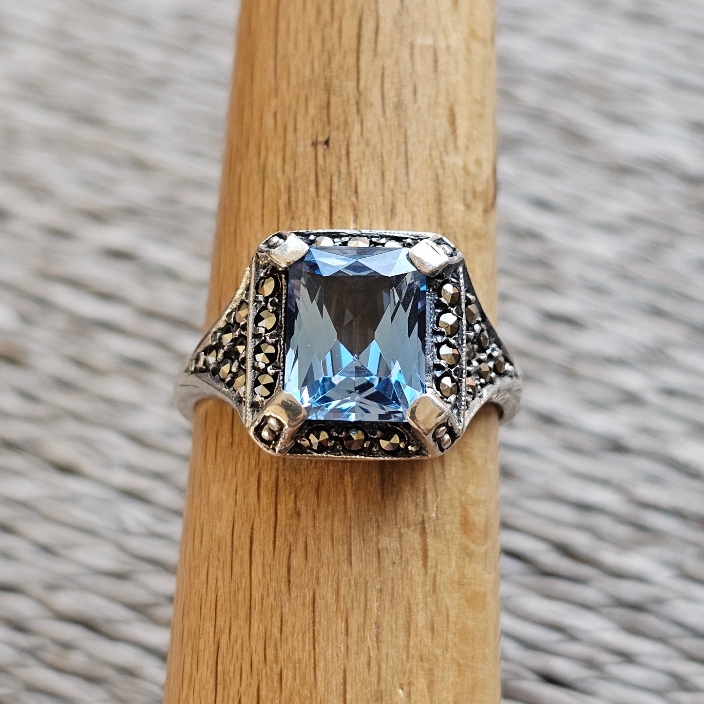 Vintage Art Deco Silver, Blue Spinel & Marcasite Cocktail Ring