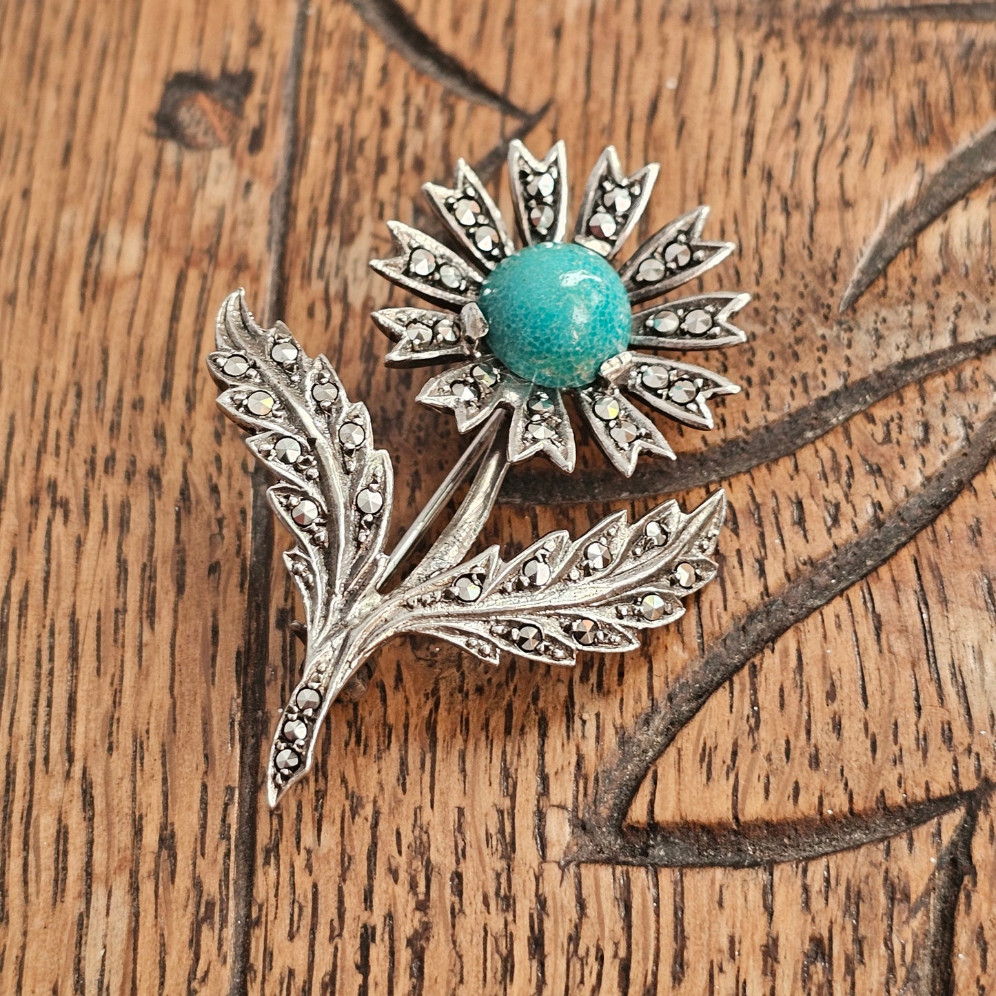 Vintage Art Deco to Mid Century 835 Silver, Marcasite & Amazonite Flower Brooch