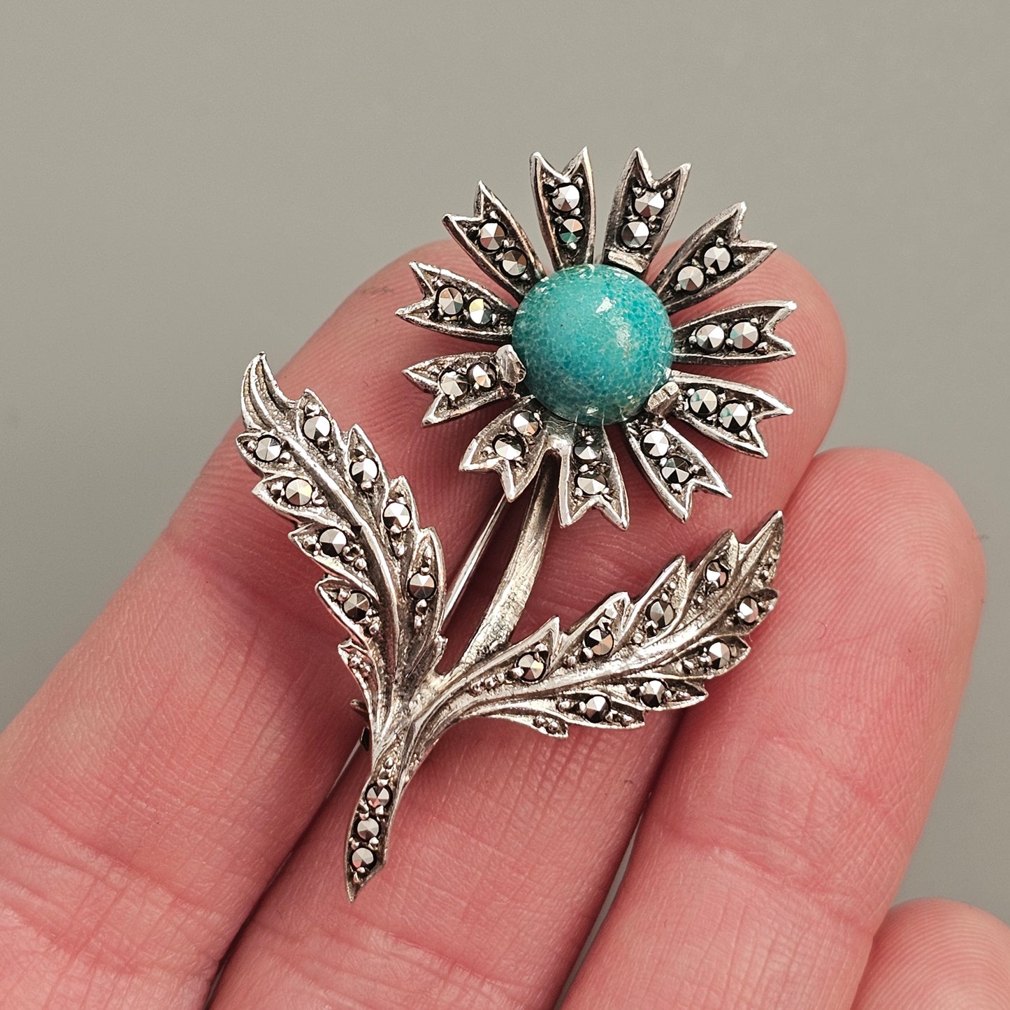 Vintage Art Deco to Mid Century 835 Silver, Marcasite & Amazonite Flower Brooch