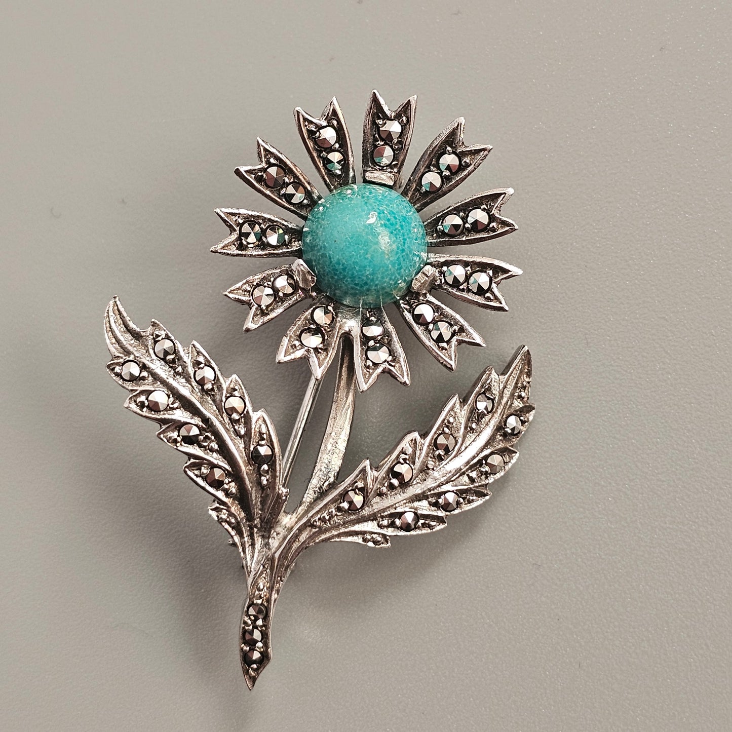Vintage Art Deco to Mid Century 835 Silver, Marcasite & Amazonite Flower Brooch