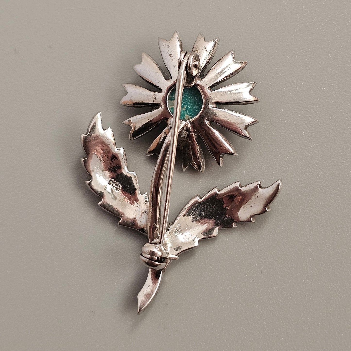 Vintage Art Deco to Mid Century 835 Silver, Marcasite & Amazonite Flower Brooch