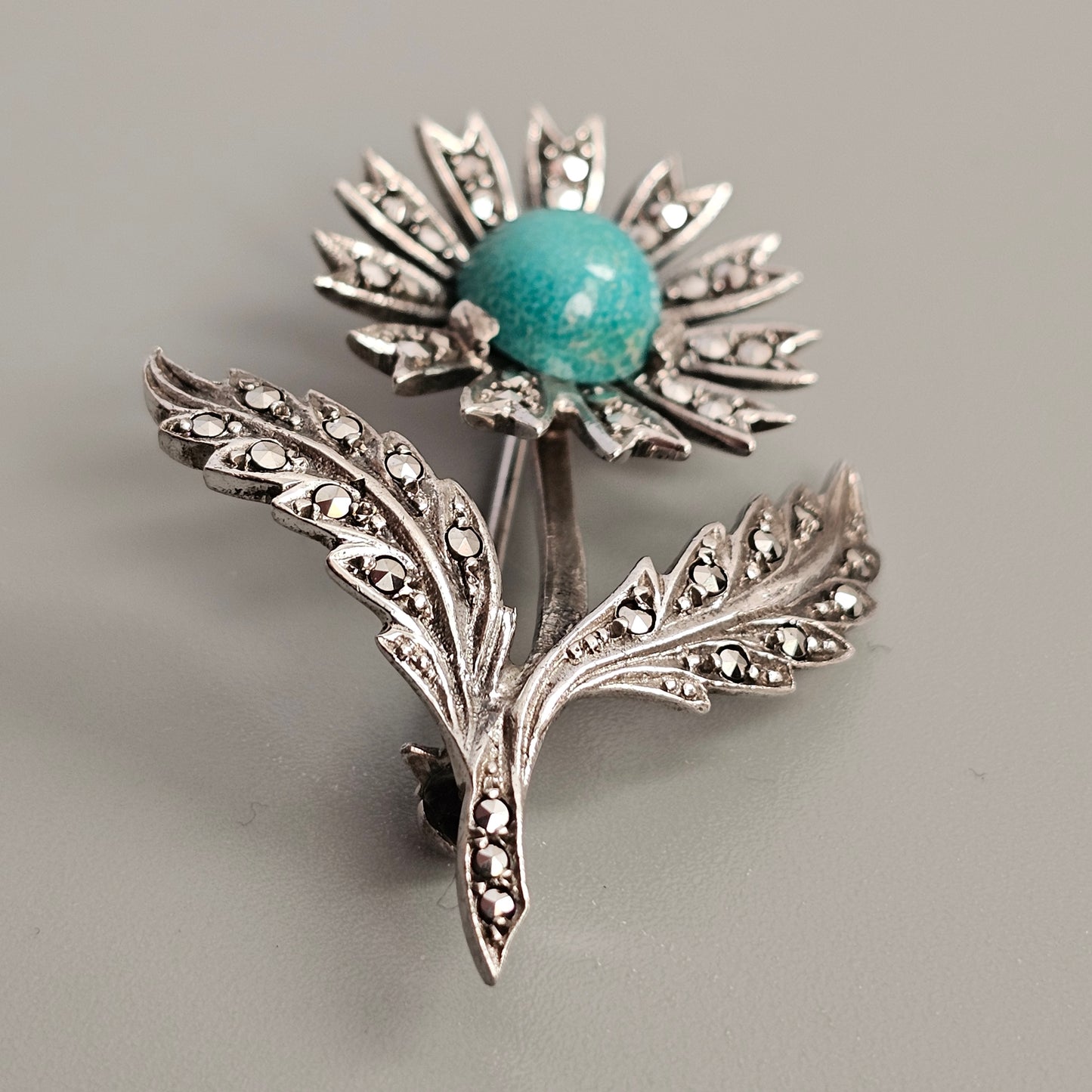 Vintage Art Deco to Mid Century 835 Silver, Marcasite & Amazonite Flower Brooch