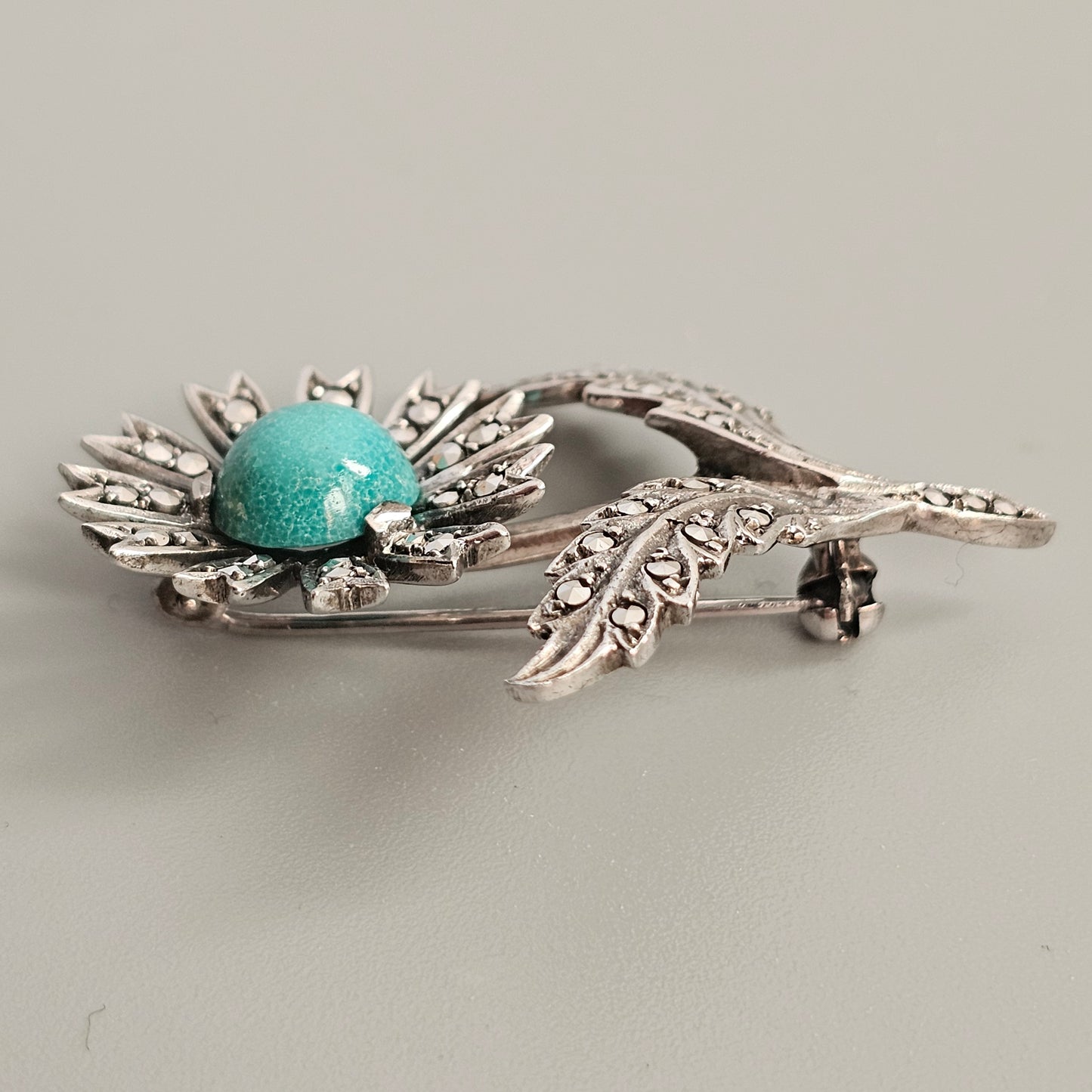 Vintage Art Deco to Mid Century 835 Silver, Marcasite & Amazonite Flower Brooch