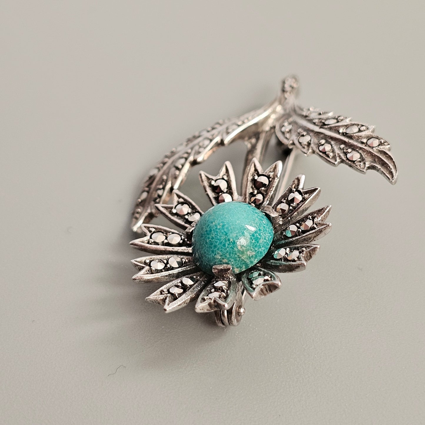 Vintage Art Deco to Mid Century 835 Silver, Marcasite & Amazonite Flower Brooch
