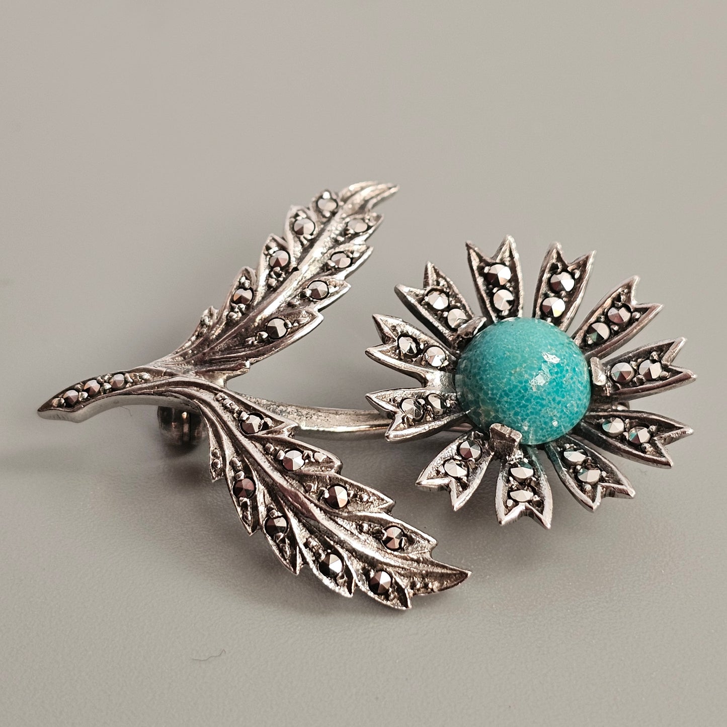 Vintage Art Deco to Mid Century 835 Silver, Marcasite & Amazonite Flower Brooch