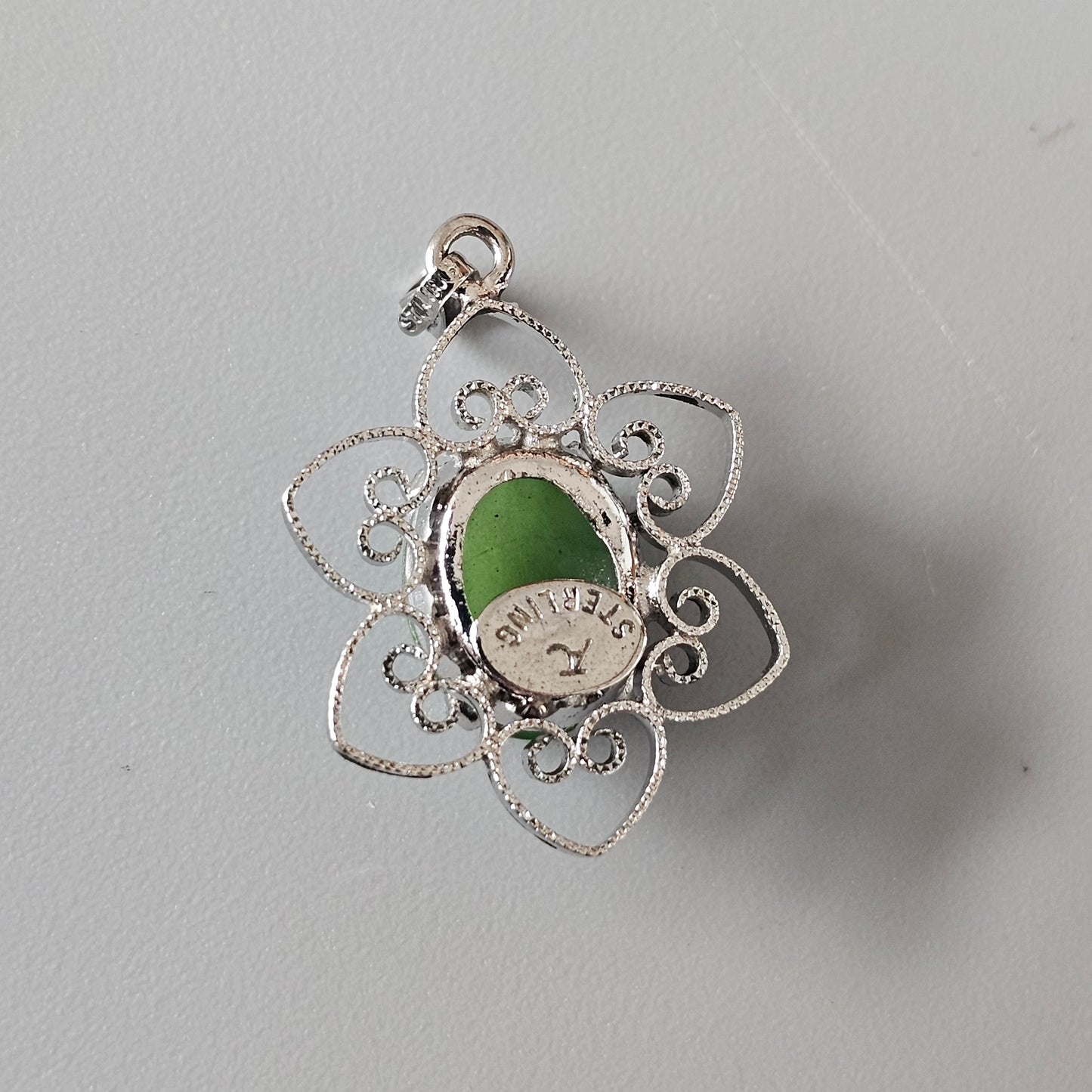 Vintage Sterling Silver Filigree & Nephrite Jade Necklace Pendant