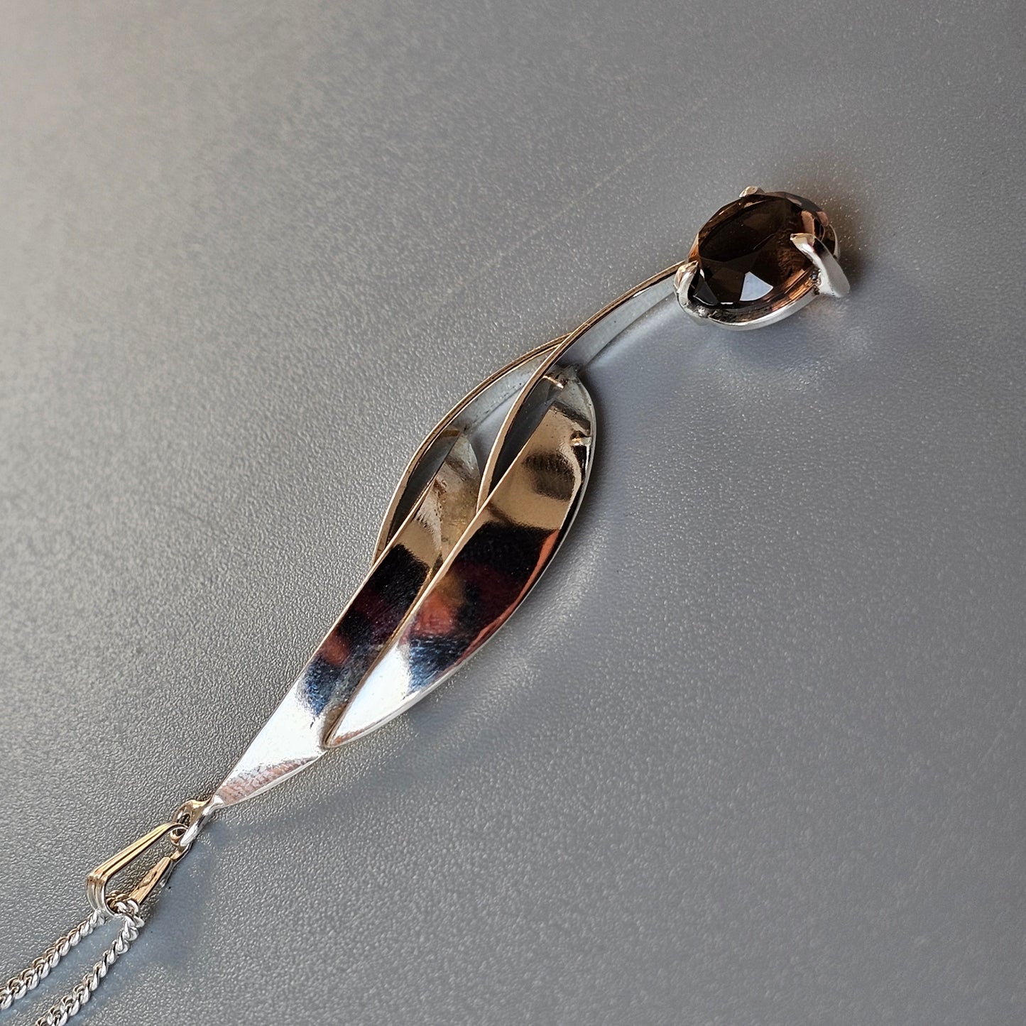 1970s British Modernist Sterling Silver & Smokey Quartz Necklace Pendant 1975