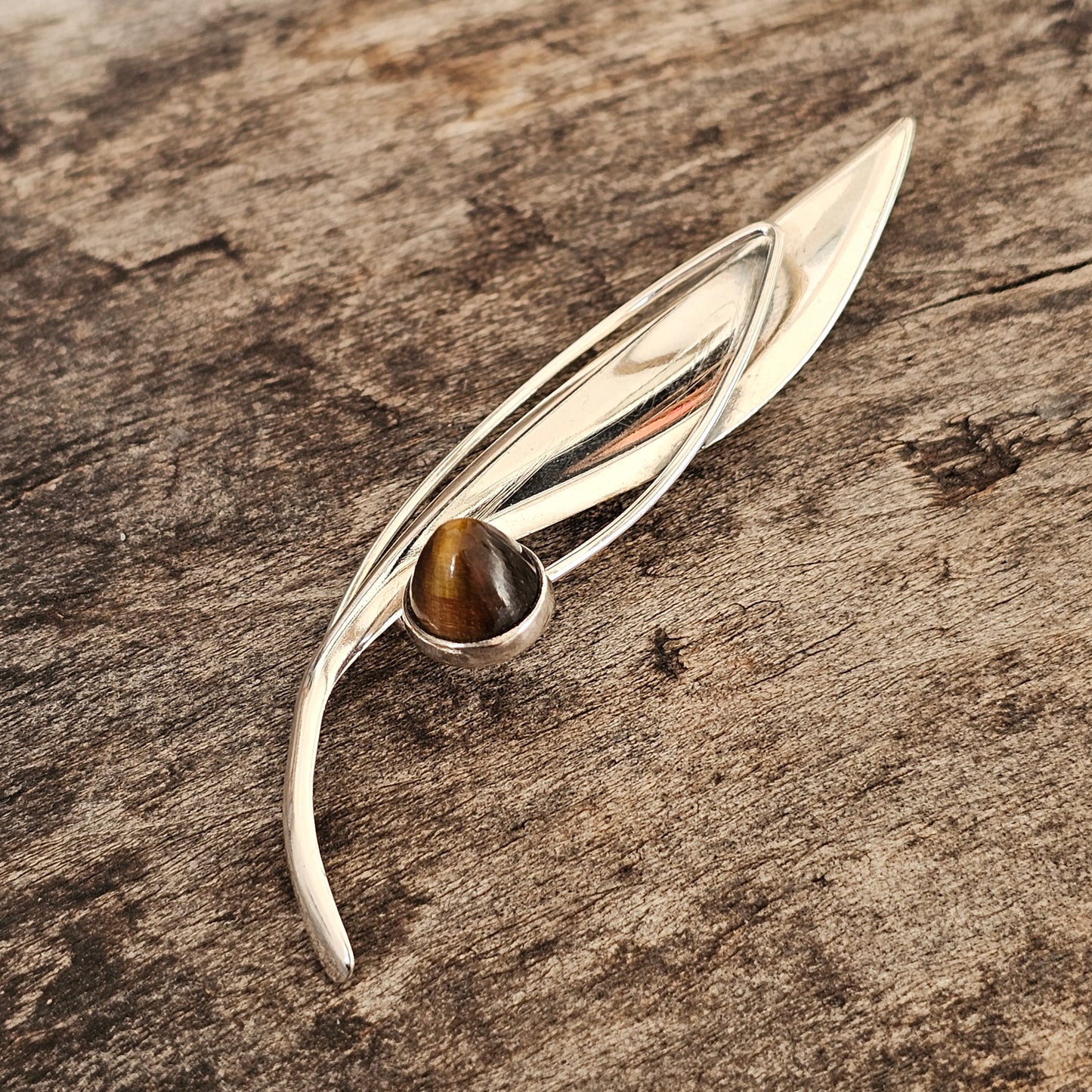 Finnish 1960s Modernist Silver & Tigers Eye Flower Brooch by Elis Kauppi Kupittaan Kulta 1961