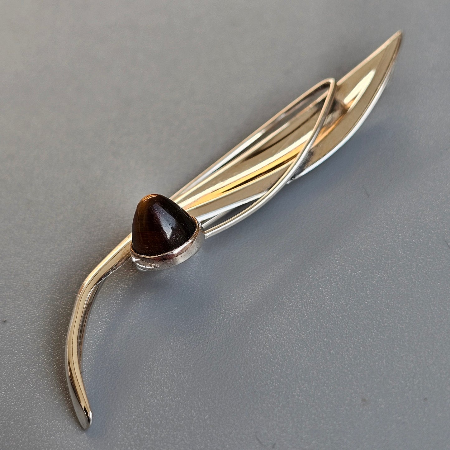 Finnish 1960s Modernist Silver & Tigers Eye Flower Brooch by Elis Kauppi Kupittaan Kulta 1961