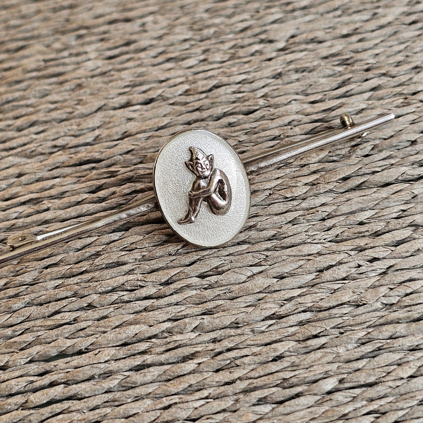 c1920s Bernard Instone Silver Pixie Bar Brooch with White Enamel – Vintage British Art Deco Jewelry