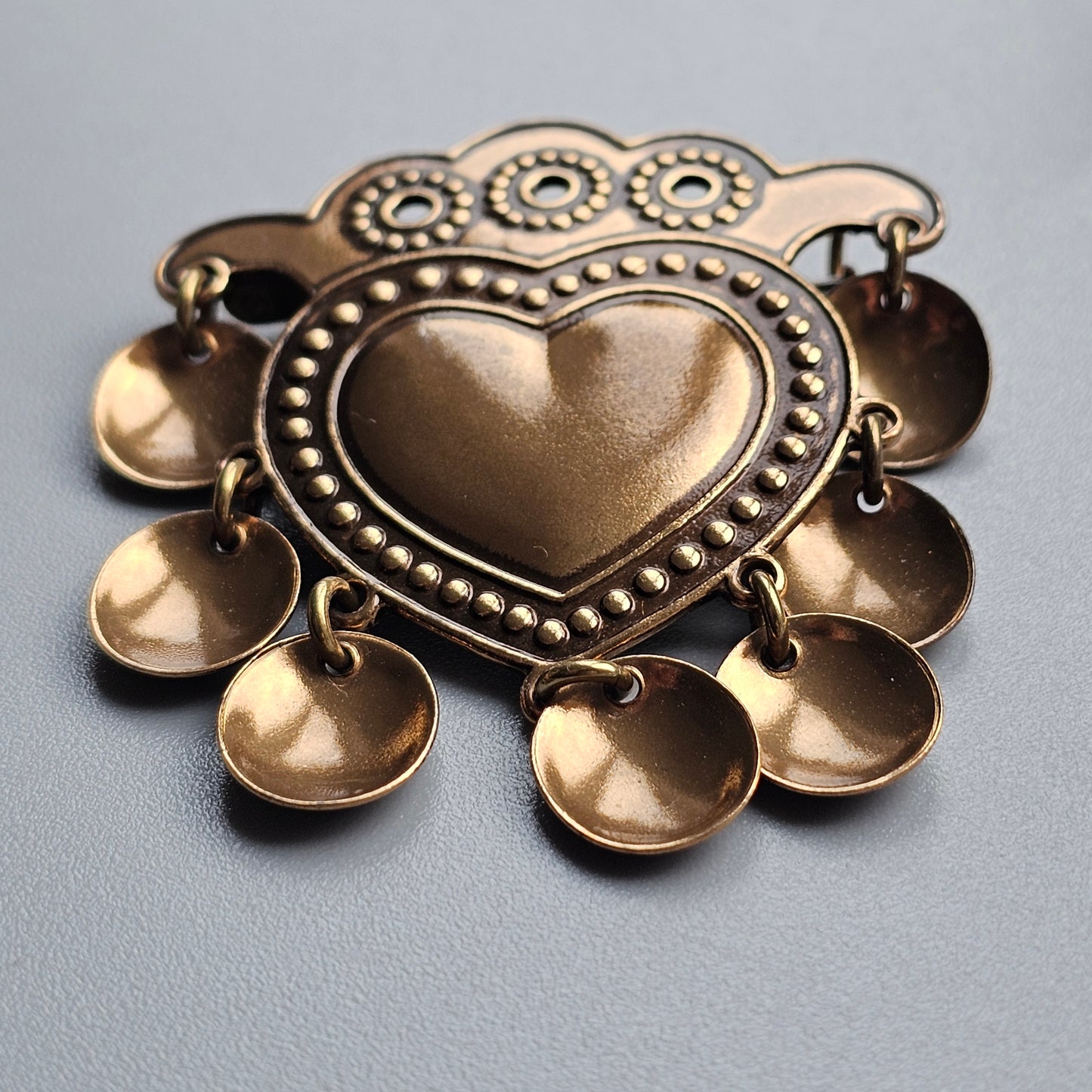 Vintage Finnish Kalevala Koru Middle Ages Style Dangly Bronze Heart SALT Brooch