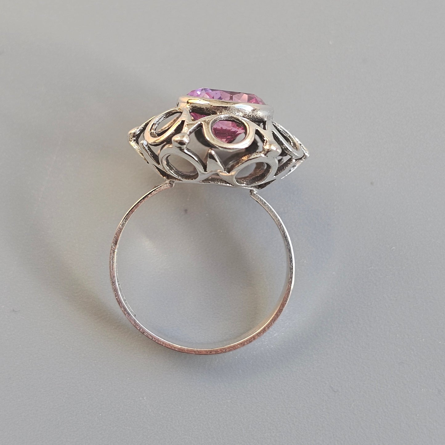 Vintage Finnish Silver & Lab Created Pink Sapphire Modernist Ring 1971