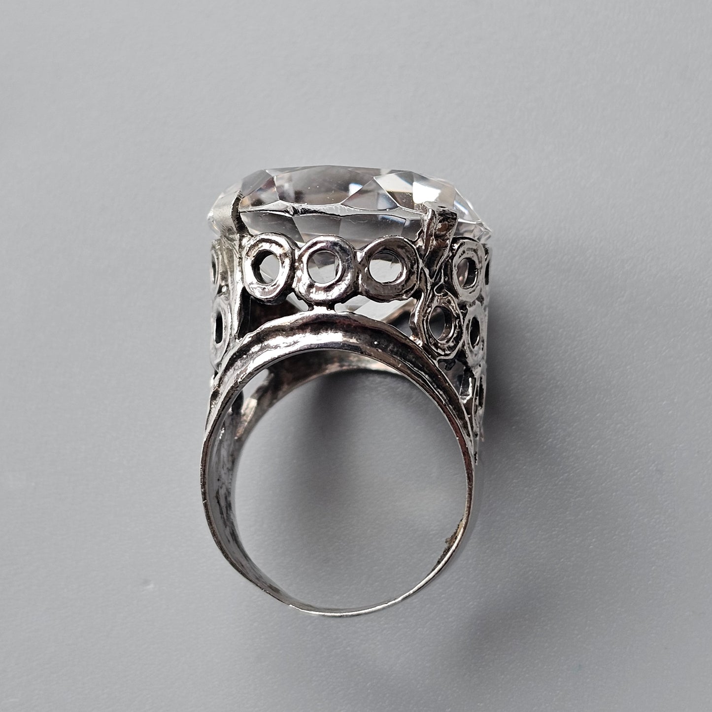 Vintage 60s 70s Silver & Huge Rock Crystal Statement Cocktail Ring