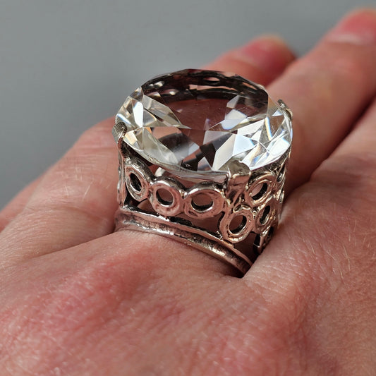 Vintage 60s 70s Silver & Huge Rock Crystal Statement Cocktail Ring