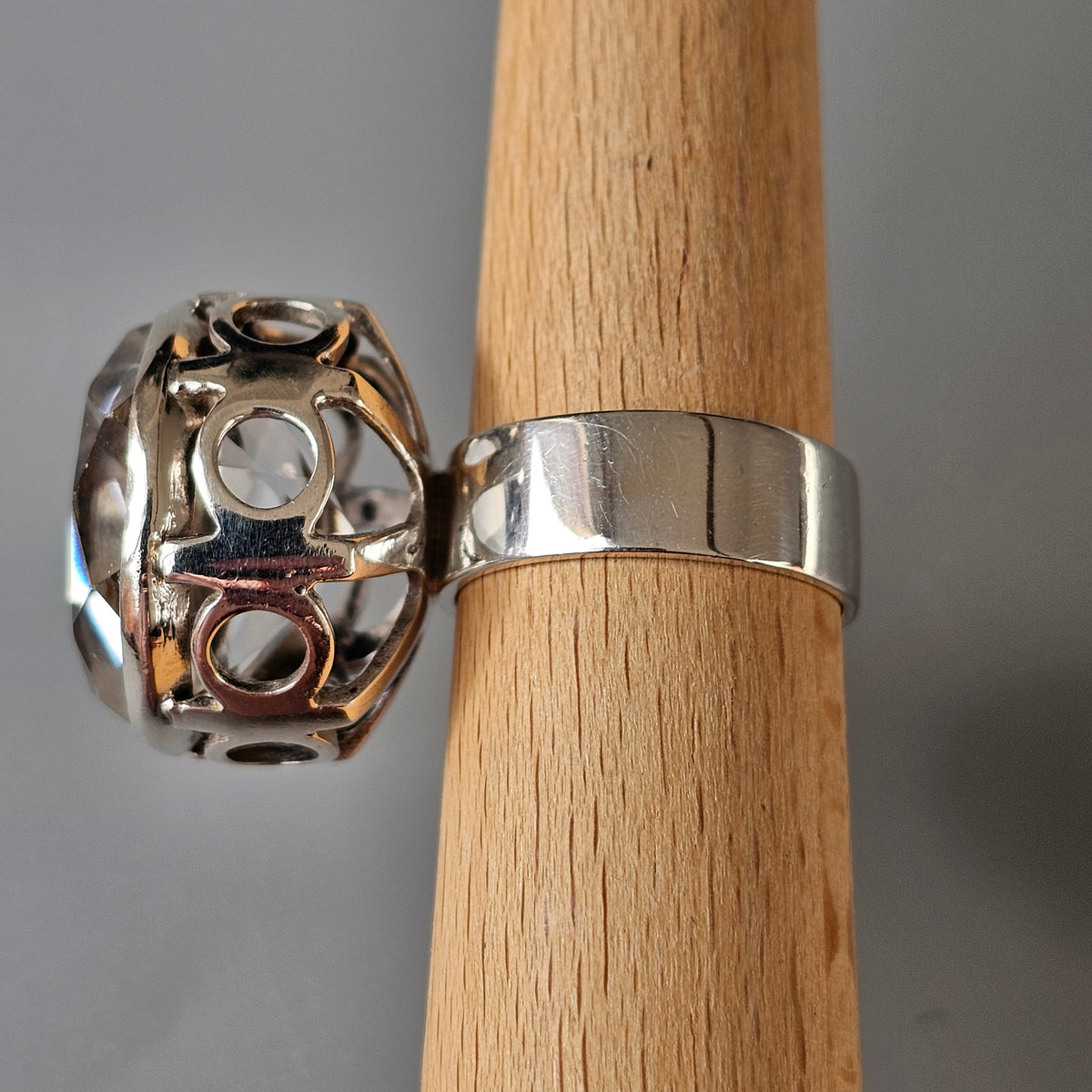 Modernist Scandinavian 1970s Finnish Sterling Silver & Rock Crystal Ring by Aarnikoru 1973