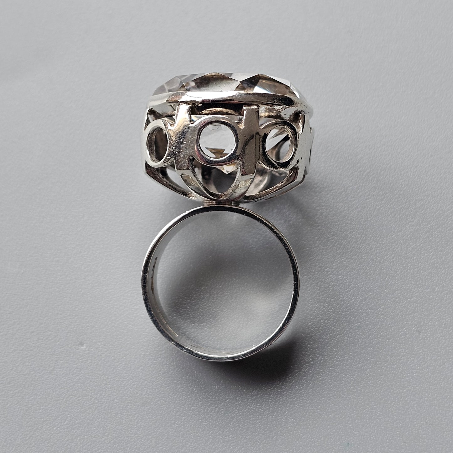 Modernist Scandinavian 1970s Finnish Sterling Silver & Rock Crystal Ring by Aarnikoru 1973