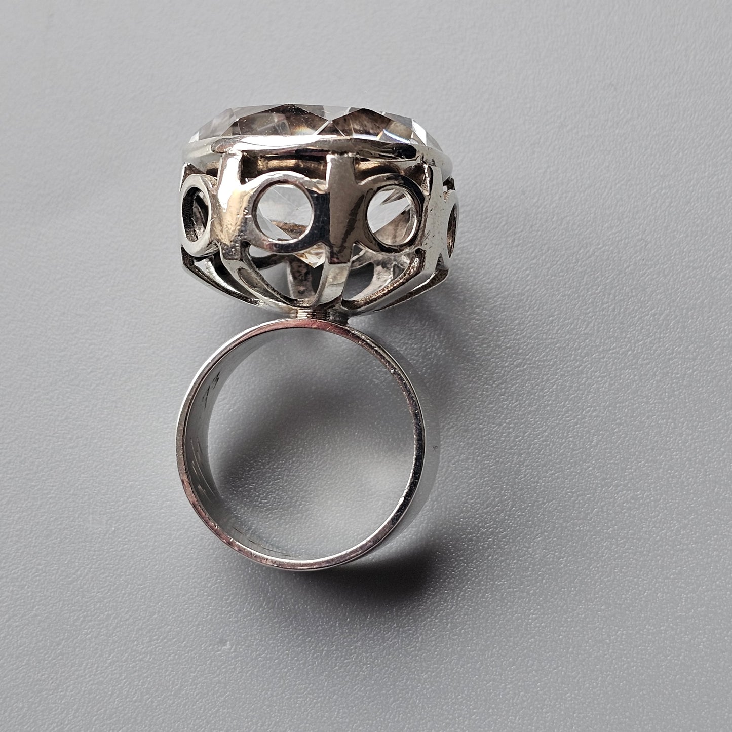 Modernist Scandinavian 1970s Finnish Sterling Silver & Rock Crystal Ring by Aarnikoru 1973