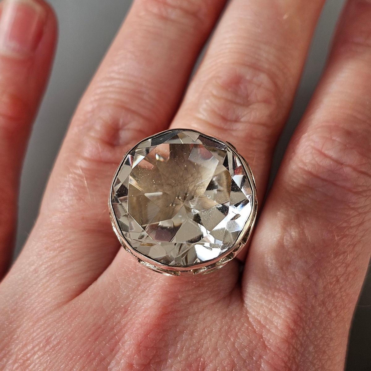 Modernist Scandinavian 1970s Finnish Sterling Silver & Rock Crystal Ring by Aarnikoru 1973