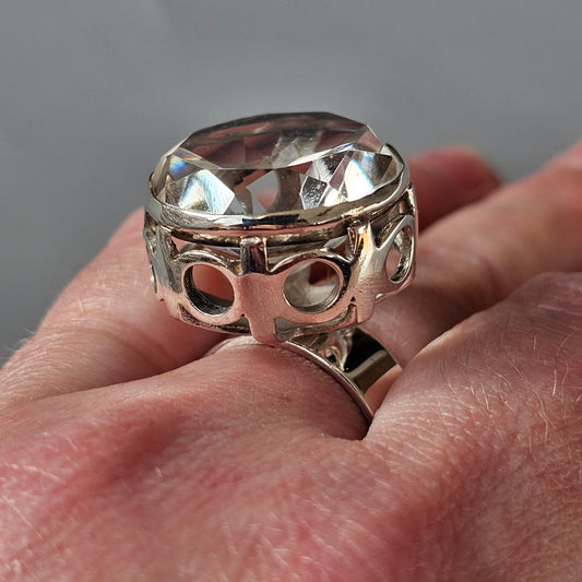 Modernist Scandinavian 1970s Finnish Sterling Silver & Rock Crystal Ring by Aarnikoru 1973