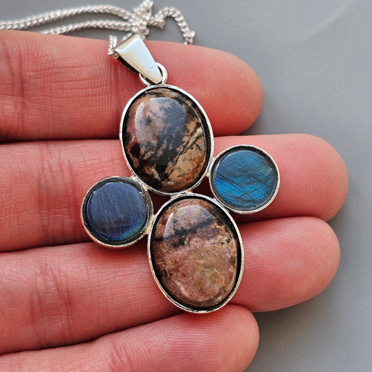 Vintage Finnish Silver, Spectrolite & Rhodonite Necklace Pendant by Kultaseppa Tarkkanen