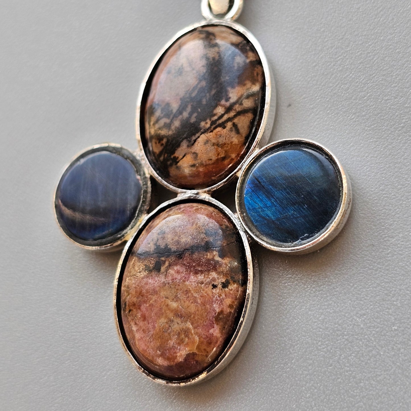 Vintage Finnish Silver, Spectrolite & Rhodonite Necklace Pendant by Kultaseppa Tarkkanen