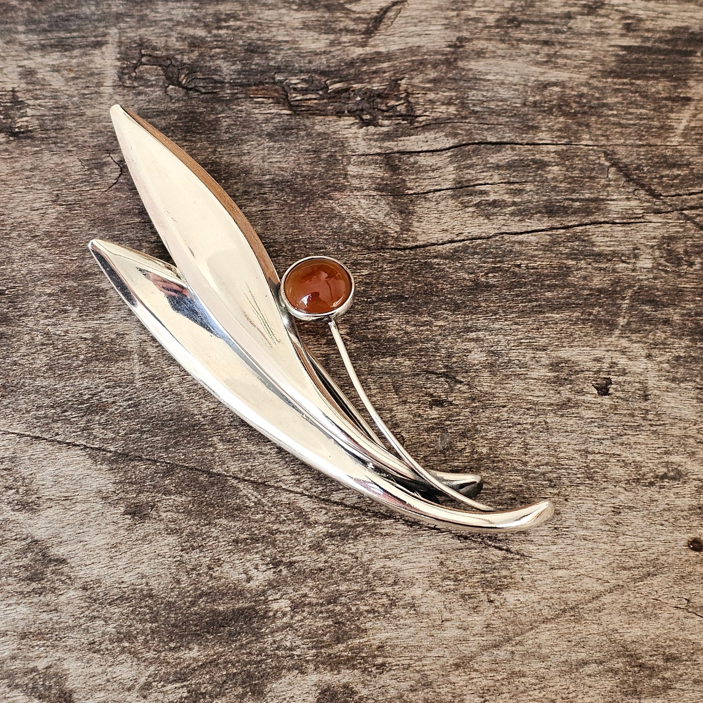 Vintage 60s Modernist Silver Carnelian Agate Flower Brooch Elis Kauppi Kupittaan Kulta