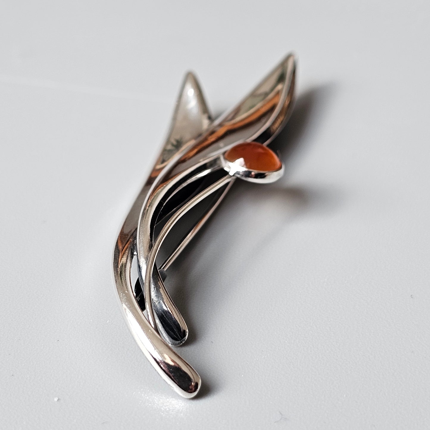 Vintage 60s Modernist Silver Carnelian Agate Flower Brooch Elis Kauppi Kupittaan Kulta