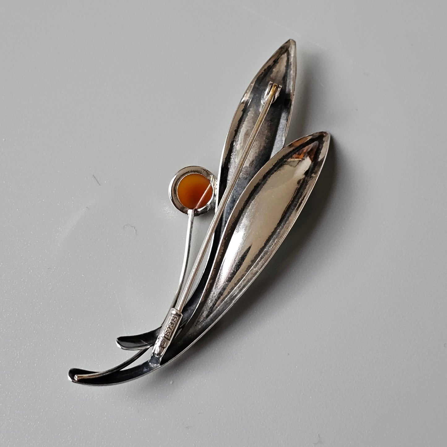 Vintage 60s Modernist Silver Carnelian Agate Flower Brooch Elis Kauppi Kupittaan Kulta
