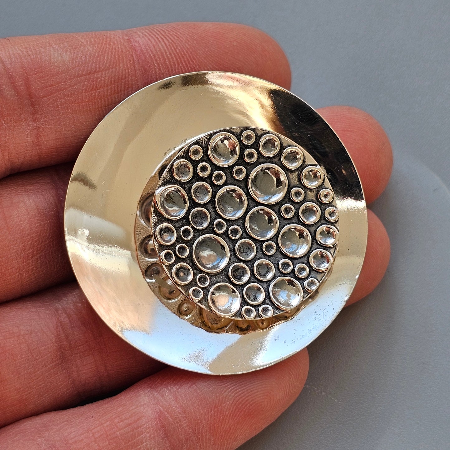 Vintage 60s Finnish Modernist Round Silver Moon Bubble Brooch by Kultaseppa Salovaara 1965