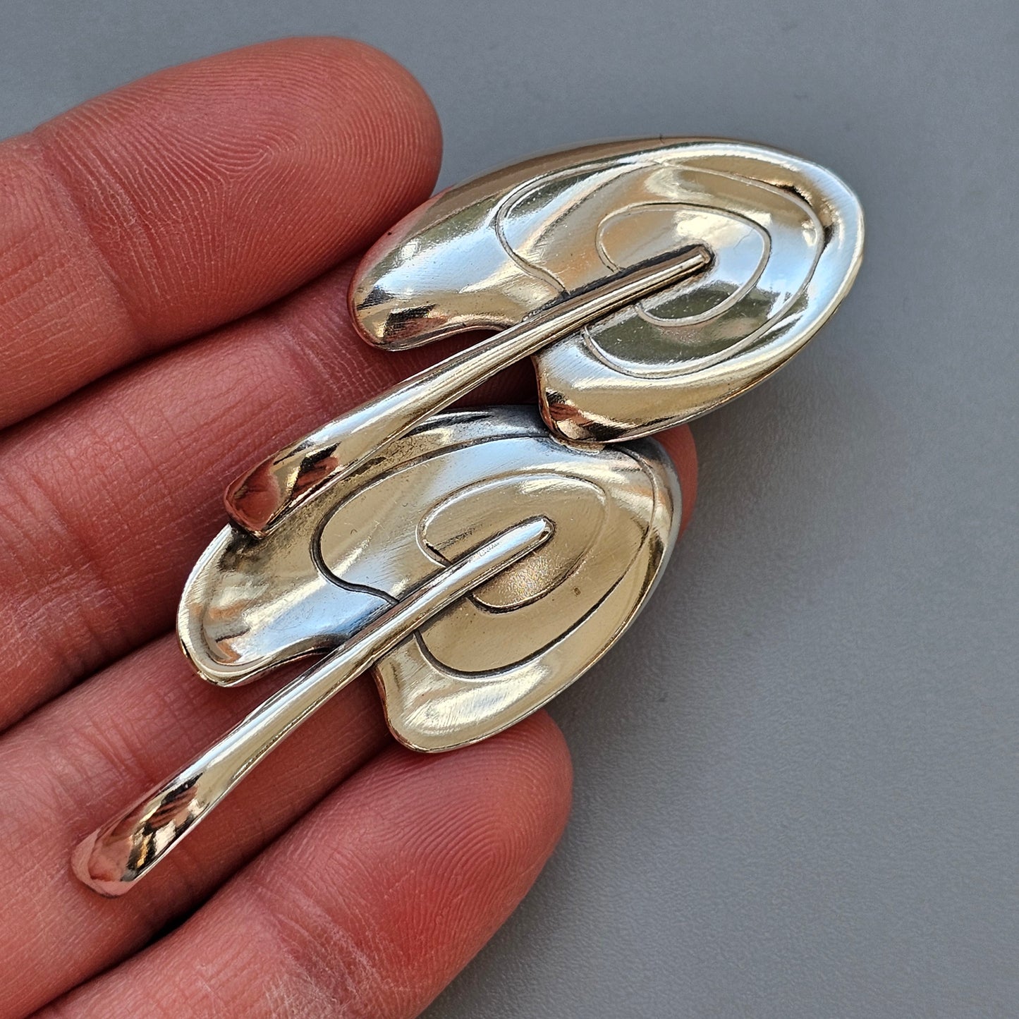 Vintage 1960s Finnish Modernist Silver Double Leaf Brooch by Elis Kauppi, Kupittaan Kulta