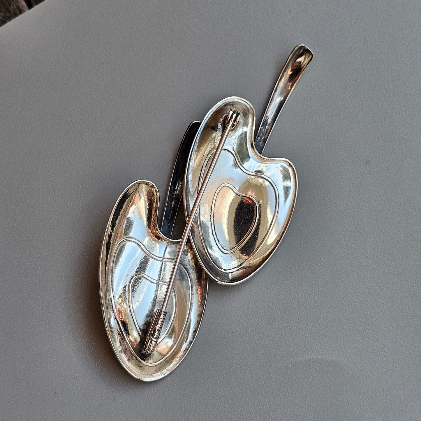 Vintage 1960s Finnish Modernist Silver Double Leaf Brooch by Elis Kauppi, Kupittaan Kulta