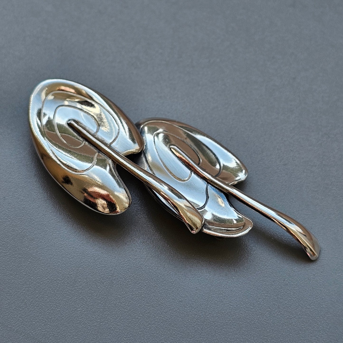 Vintage 1960s Finnish Modernist Silver Double Leaf Brooch by Elis Kauppi, Kupittaan Kulta