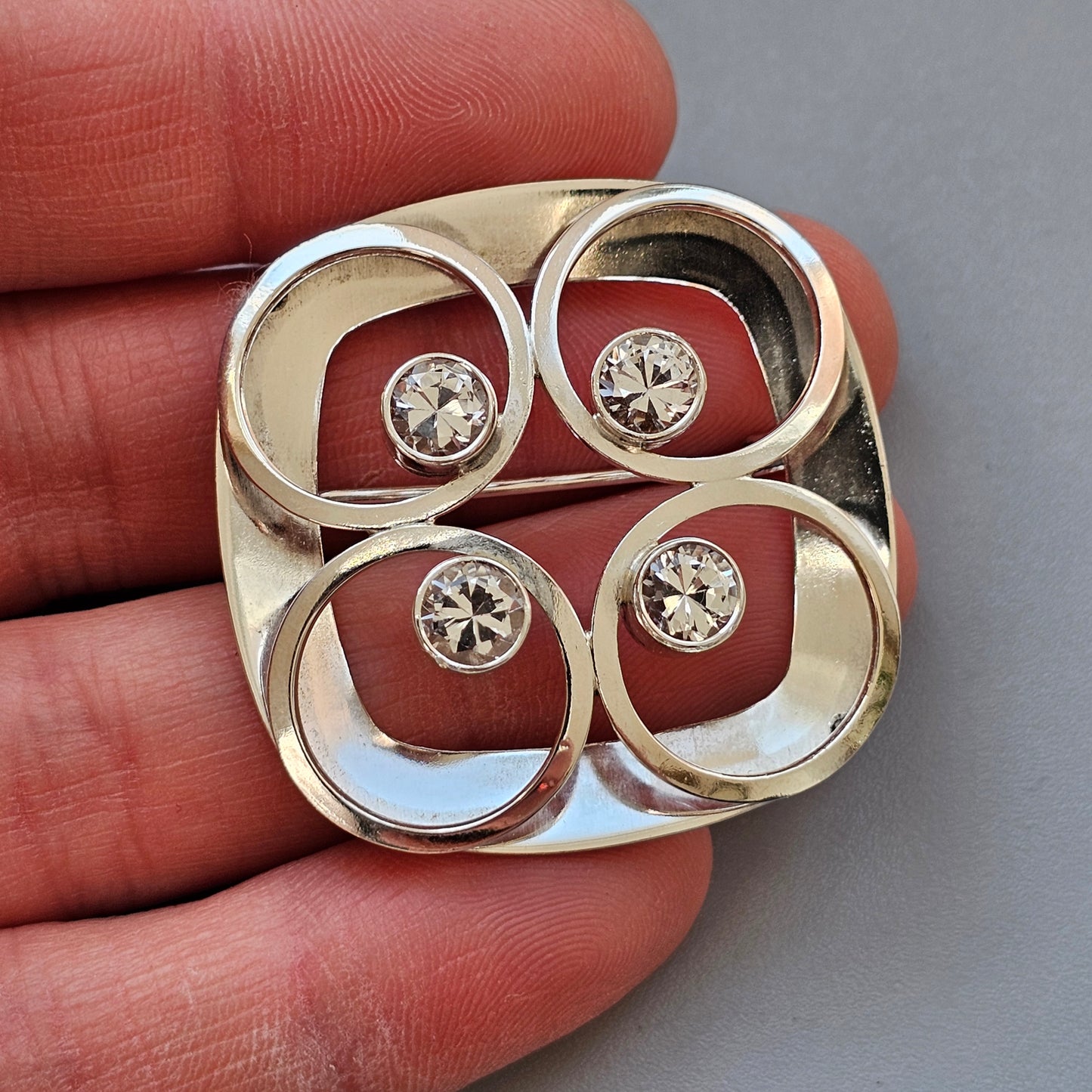 Vintage Finnish Modernist Silver & Clear Spinel Brooch by Kultaseppa Salovaara 1965