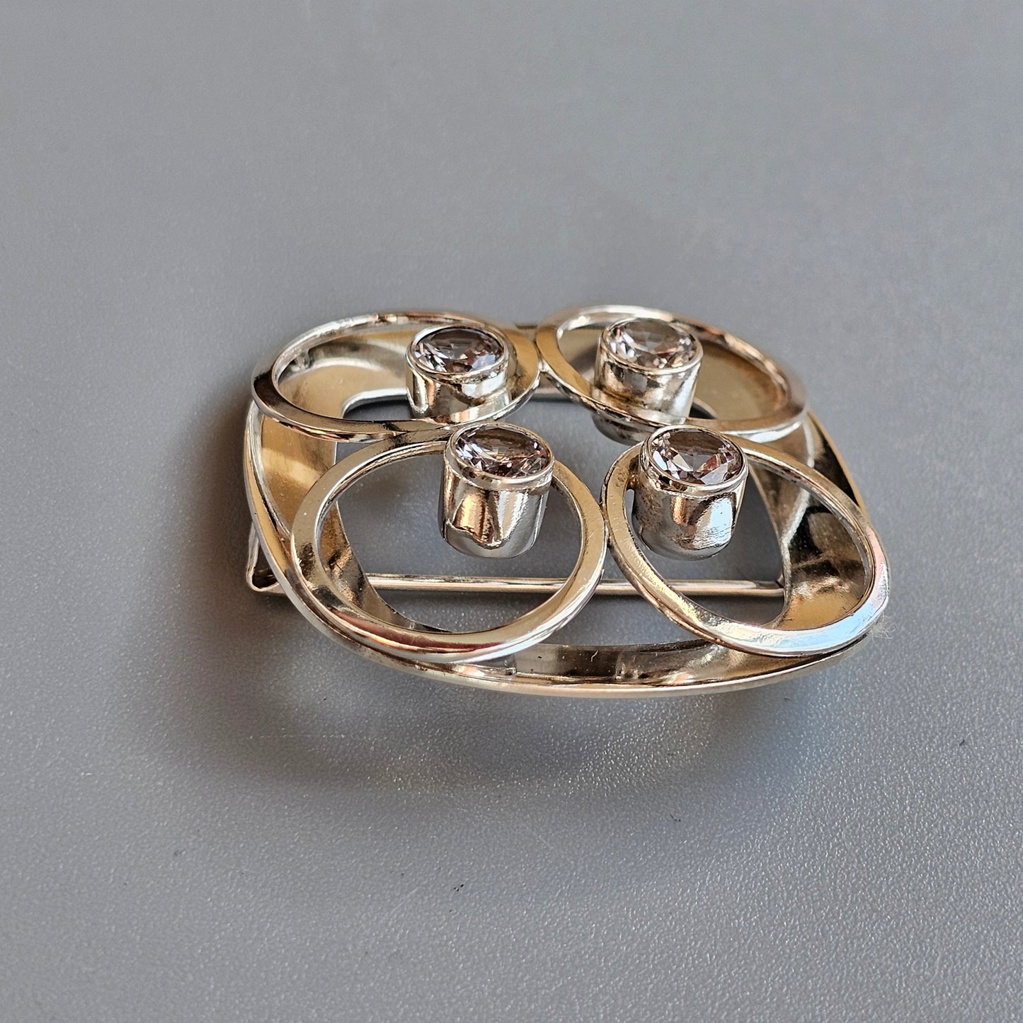 Vintage Finnish Modernist Silver & Clear Spinel Brooch by Kultaseppa Salovaara 1965