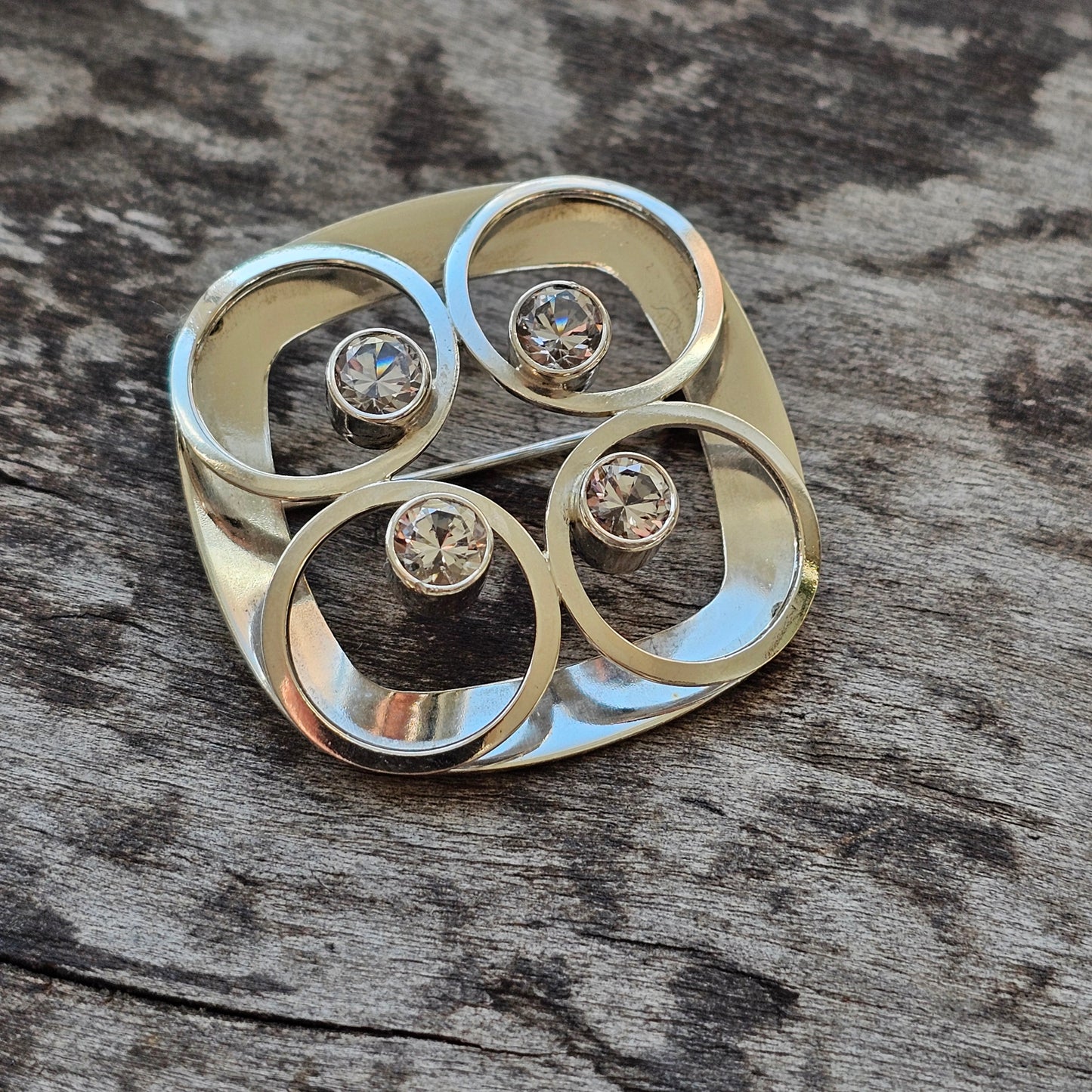 Vintage Finnish Modernist Silver & Clear Spinel Brooch by Kultaseppa Salovaara 1965