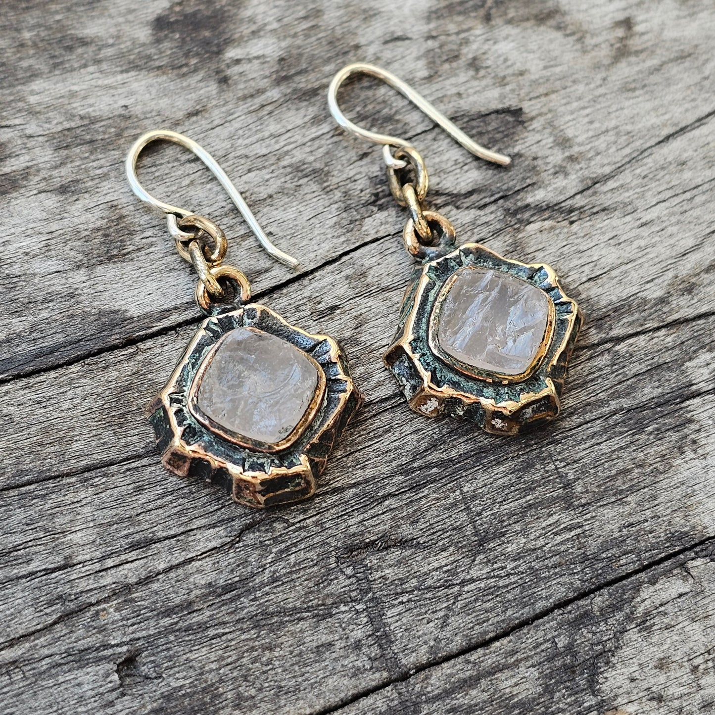 1970s Finnish Bronze & Rose Quartz Earrings by Pentti Sarpaneva – Brutalist Kelo Design