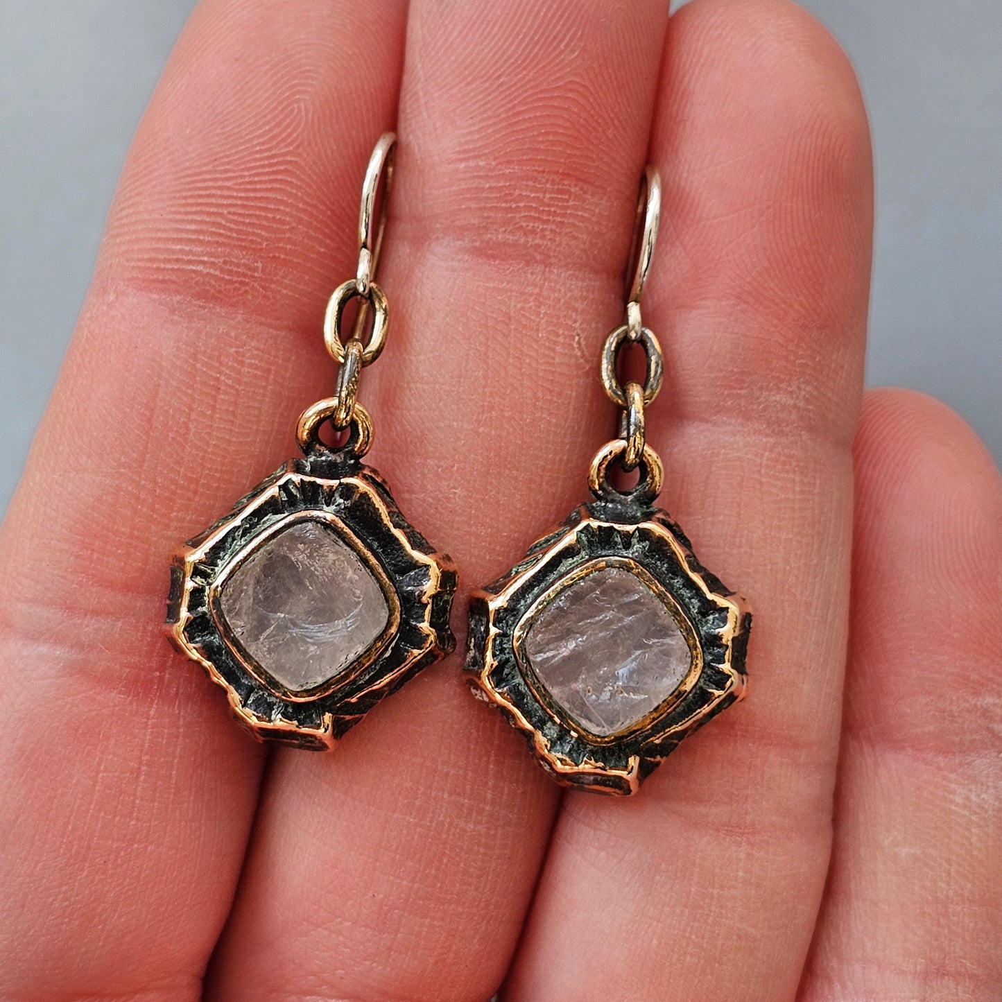 1970s Finnish Bronze & Rose Quartz Earrings by Pentti Sarpaneva – Brutalist Kelo Design